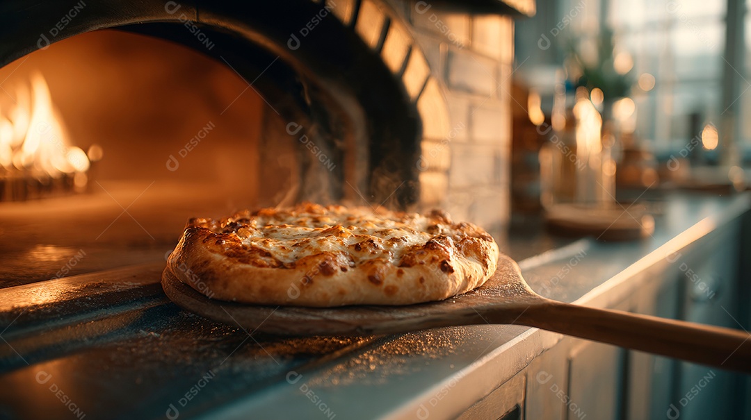 Saborosa pizza saindo do forno em uma pizzaria.
