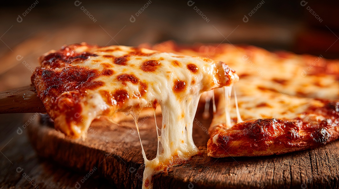 Saborosa pizza em uma tábua de madeira.