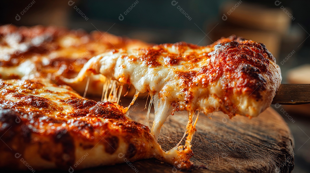 Saborosa pizza em uma tábua de madeira.