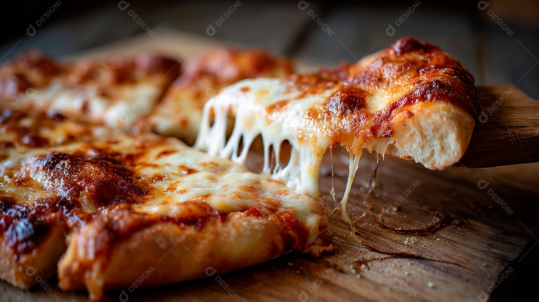 Saborosa pizza em uma tábua de madeira.