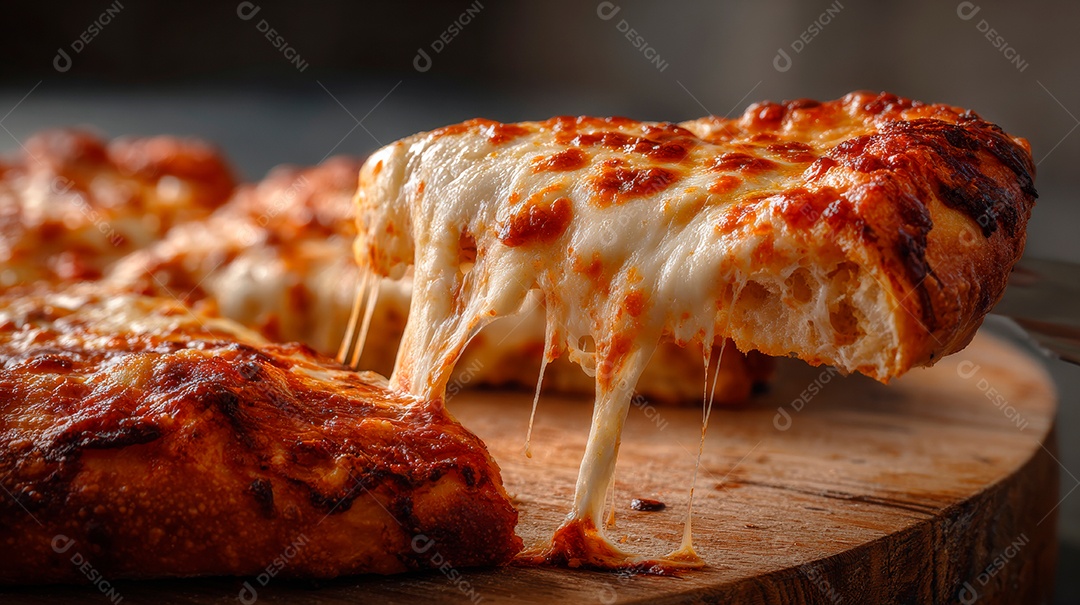 Saborosa fatia de pizza em uma tábua de madeira.