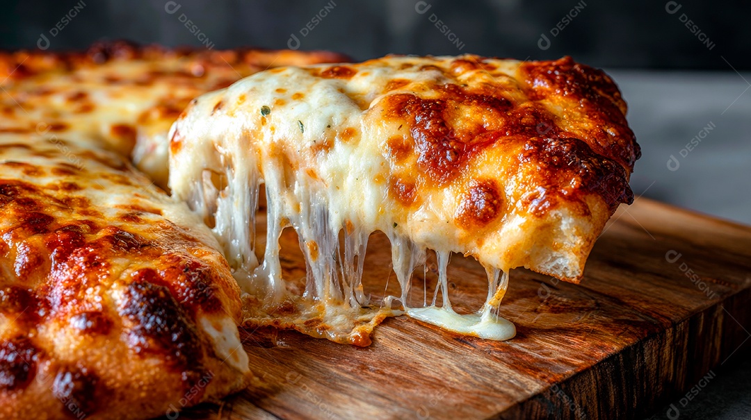 Saborosa fatia de pizza em uma tábua de madeira.