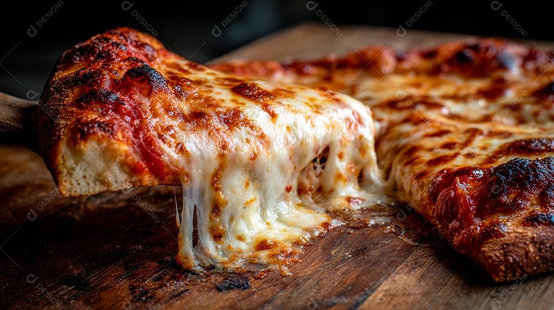 Saborosa fatia de pizza em uma tábua de madeira.