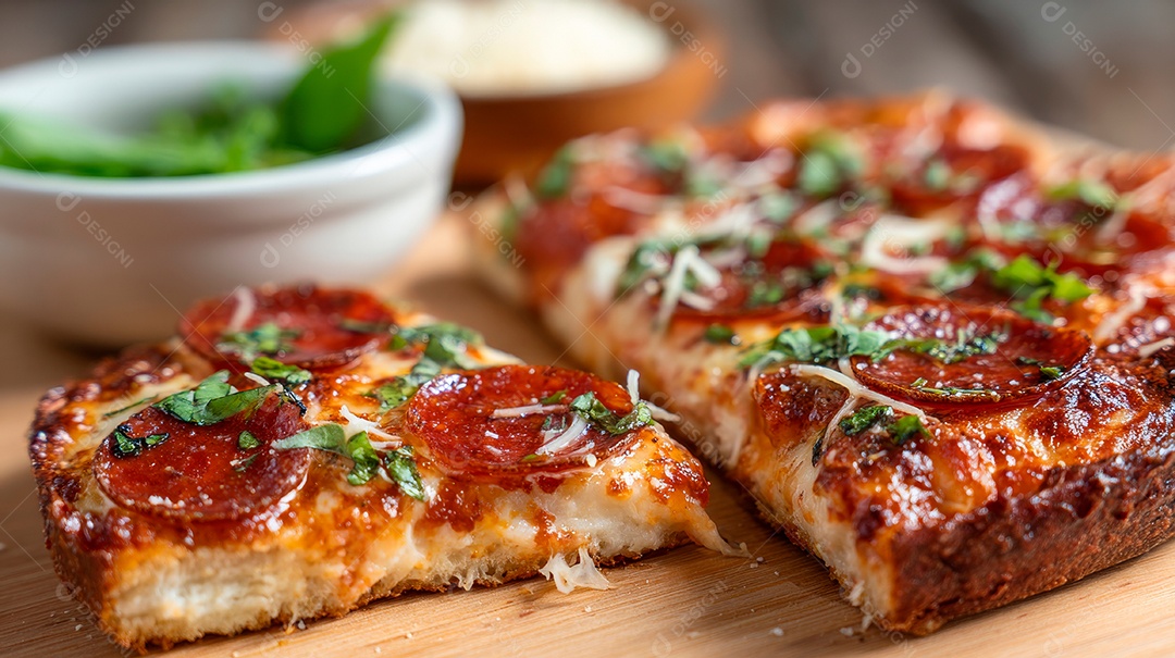 Saborosa fatia de pizza em uma tábua de madeira.