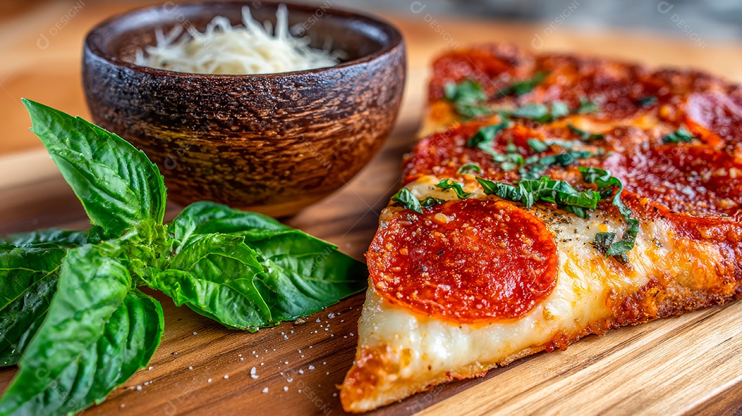Saborosa fatia de pizza em uma tábua de madeira.