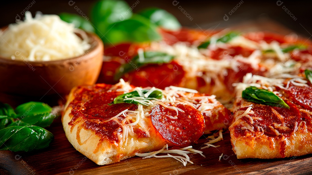 Saborosa pizza em uma tábua de madeira.