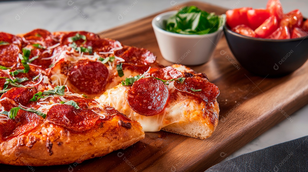 Saborosa pizza em uma tábua de madeira.