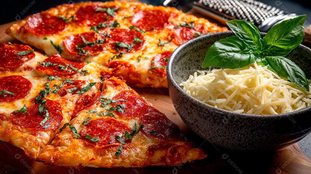 Saborosa pizza em uma tábua de madeira.