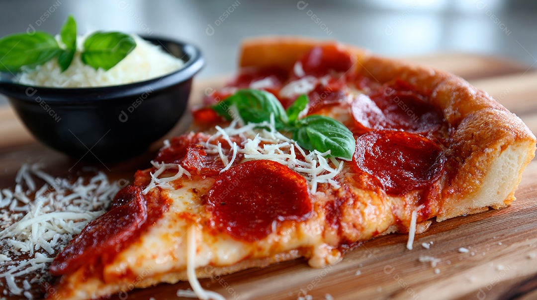 Saborosa fatia de pizza em uma tábua de madeira.