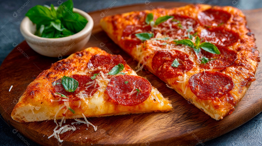 Saborosa pizza em uma tábua de madeira.