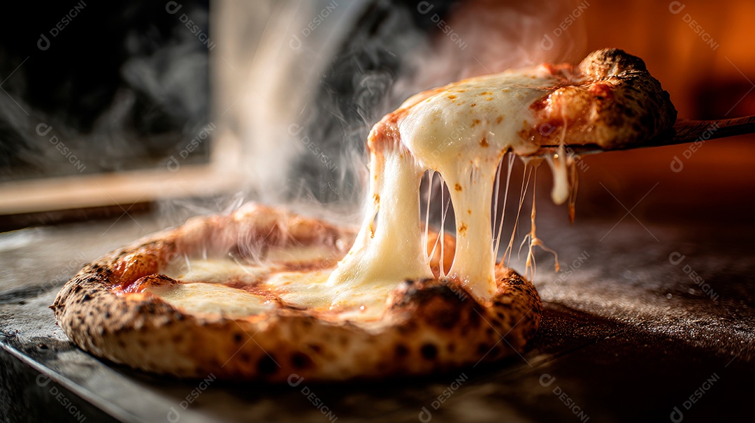 Saborosa pizza saindo do forno em uma pizzaria.