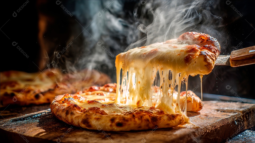 Saborosa pizza em uma mesa de madeira.