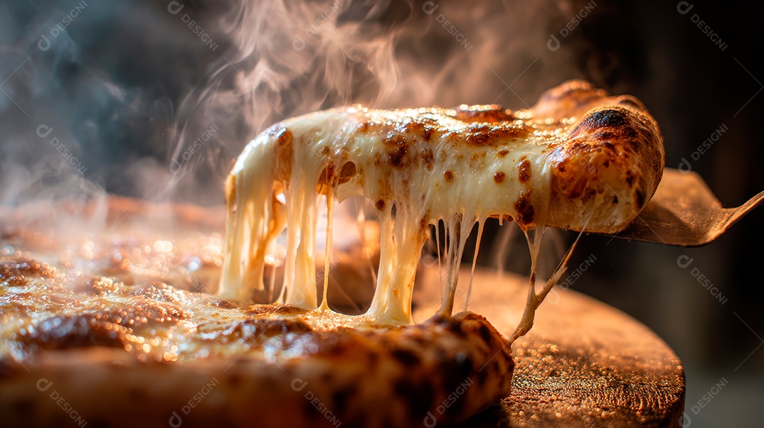 Saborosa pizza em uma mesa de madeira.