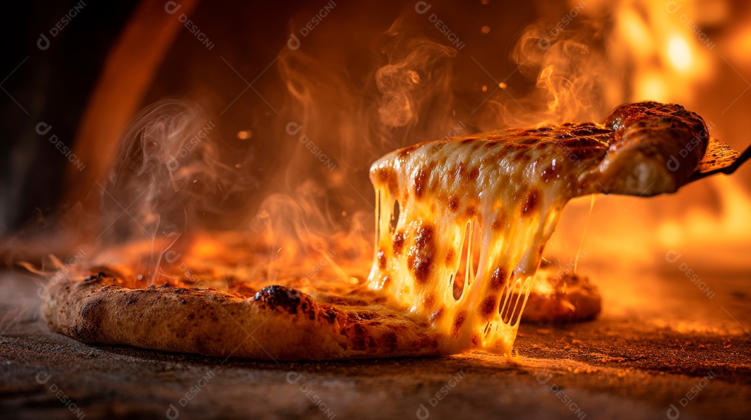 Saborosa pizza saindo do forno em uma pizzaria.