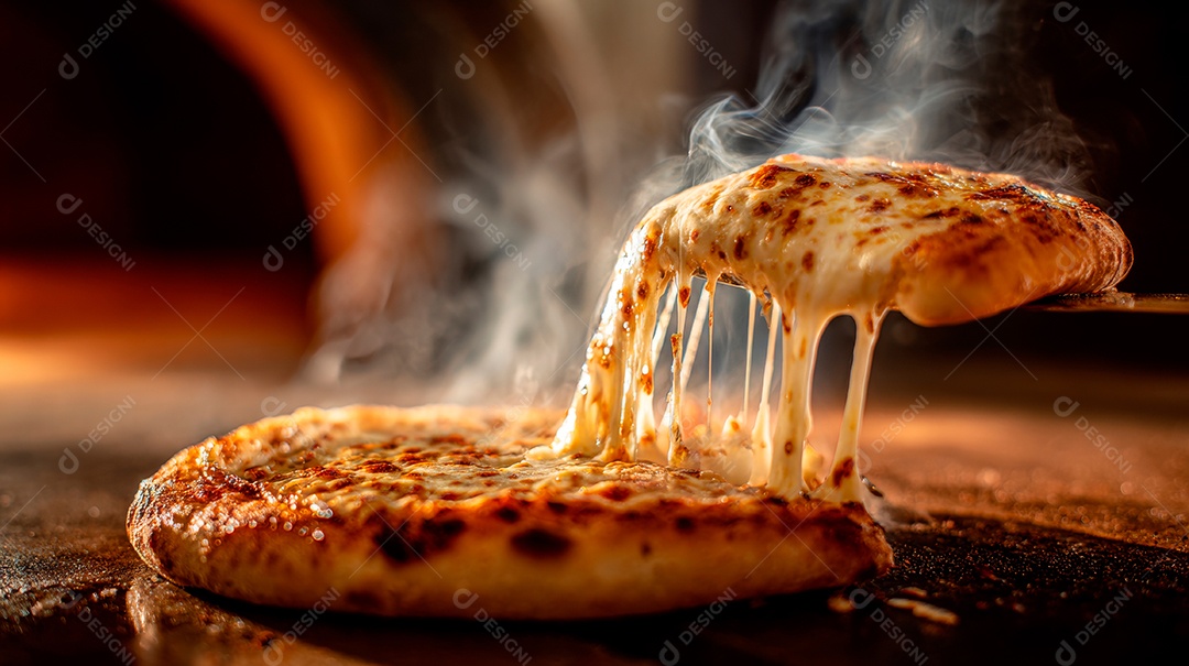 Saborosa pizza saindo do forno em uma pizzaria.