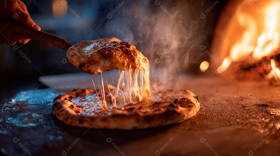 Saborosa pizza saindo do forno.