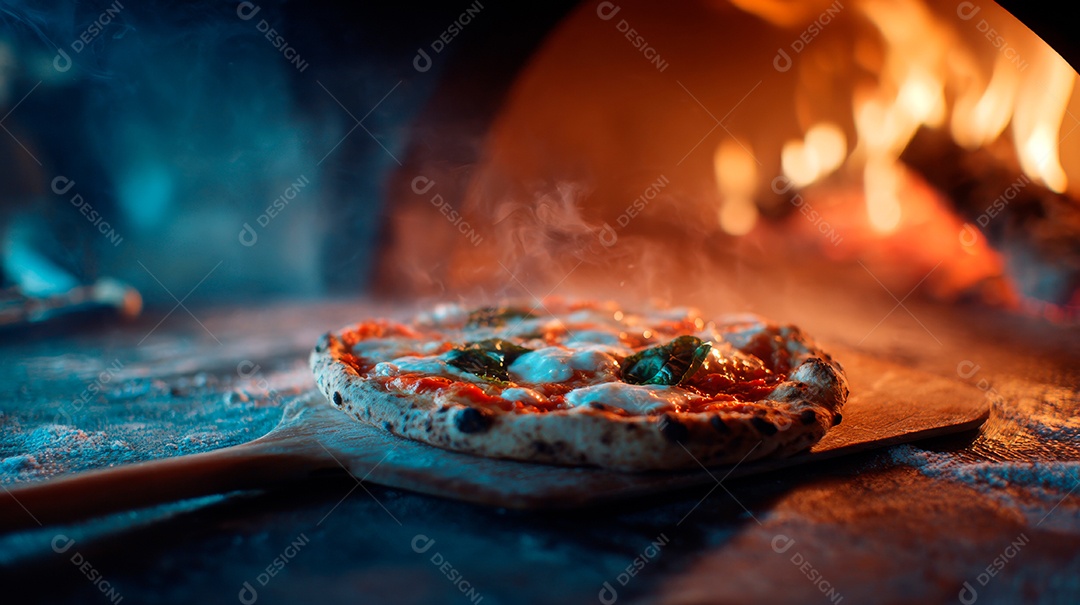 Saborosa pizza saindo do forno em uma pizzaria.