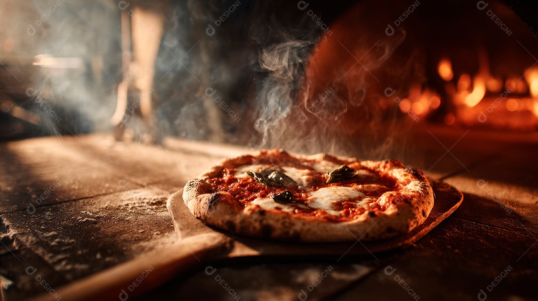 Saborosa pizza saindo do forno em uma pizzaria.
