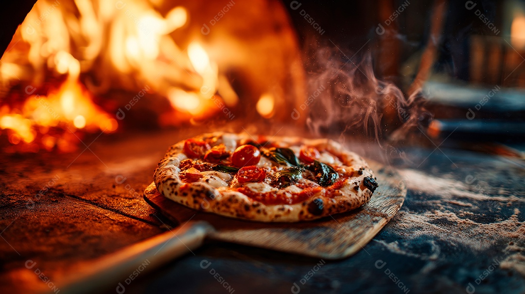 Saborosa pizza saindo do forno em uma pizzaria.