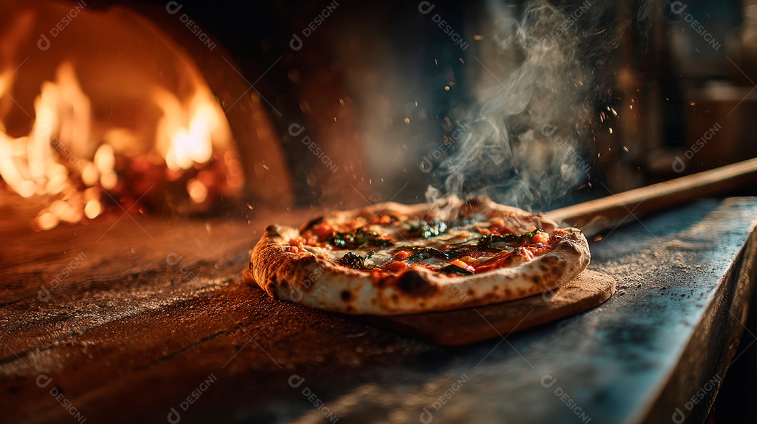 Saborosa pizza saindo do forno em uma pizzaria.