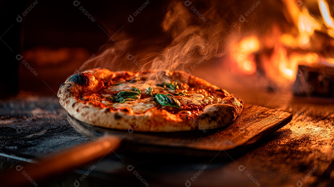 Saborosa pizza saindo do forno em uma pizzaria.