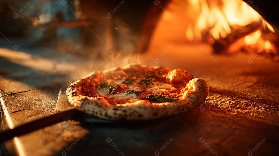 Saborosa pizza saindo do forno em uma pizzaria.