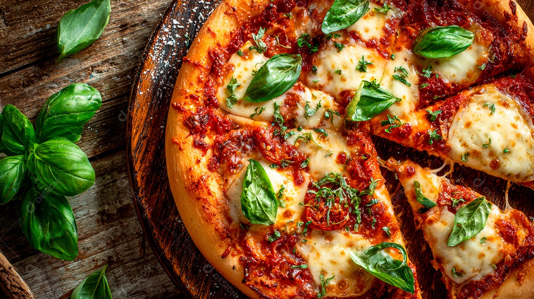 Saborosa pizza em uma mesa de madeira.