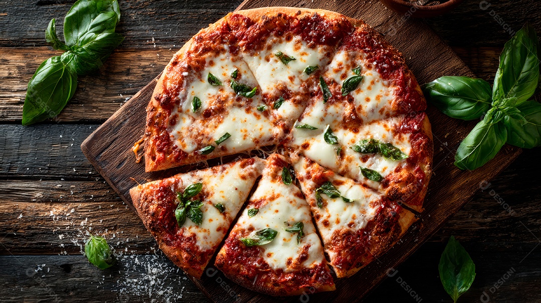 Saborosa pizza em uma mesa de madeira.