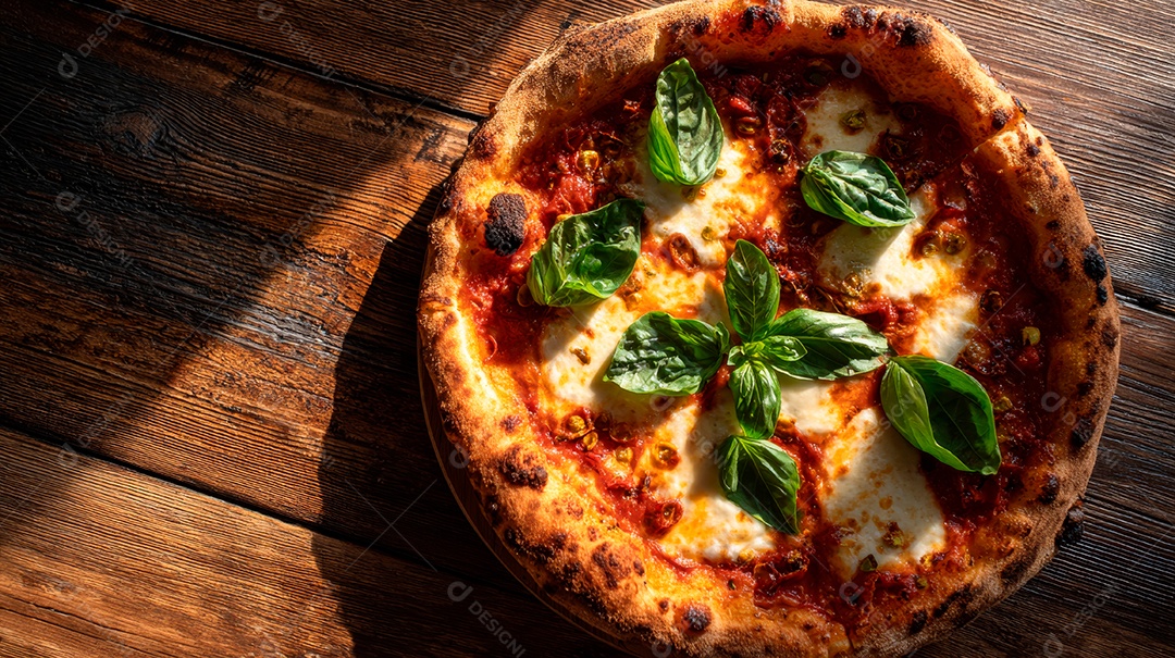 Saborosa pizza em uma mesa de madeira.
