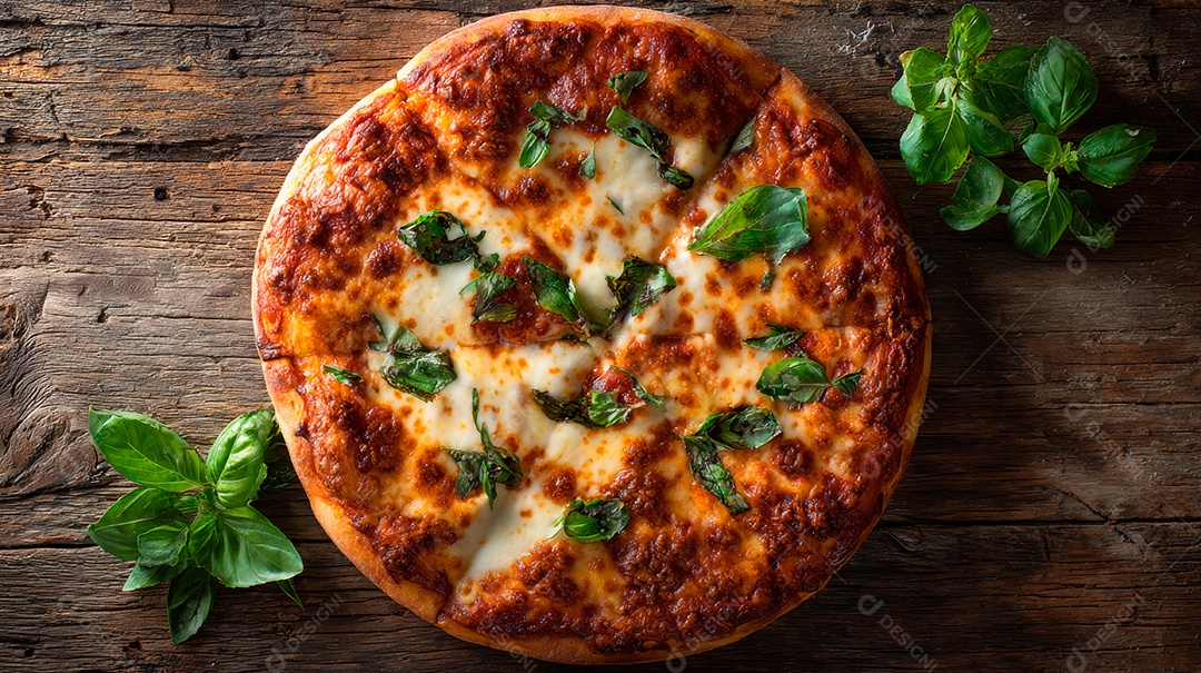 Saborosa pizza em uma mesa de madeira.