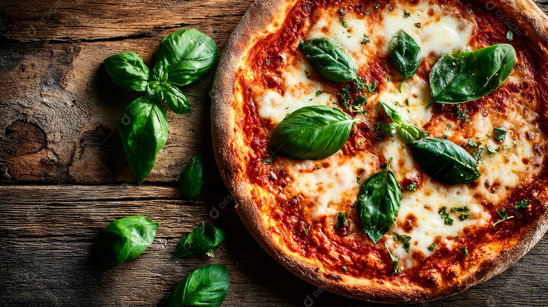Saborosa pizza em uma mesa de madeira.