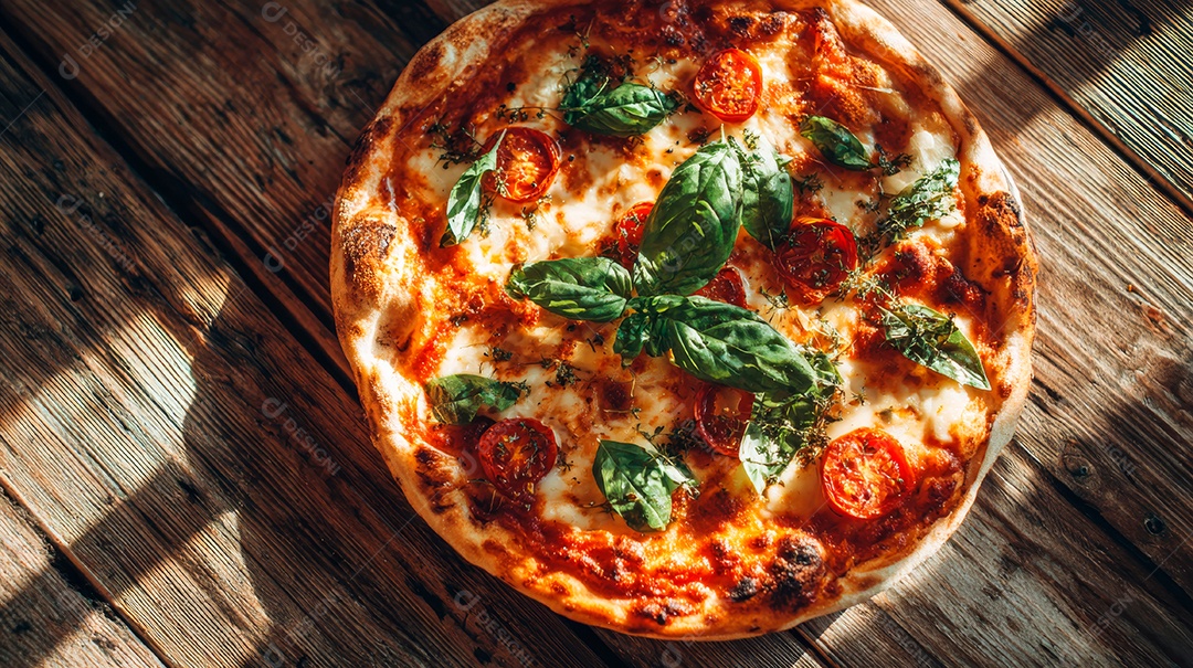 Saborosa pizza em uma mesa de madeira.