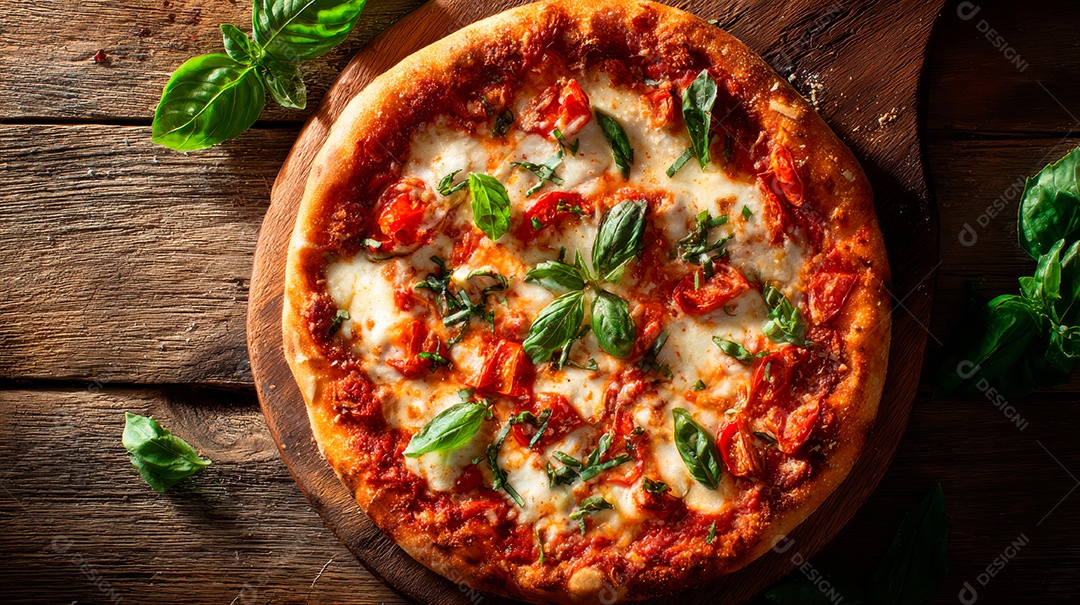 Saborosa pizza em uma mesa de madeira.