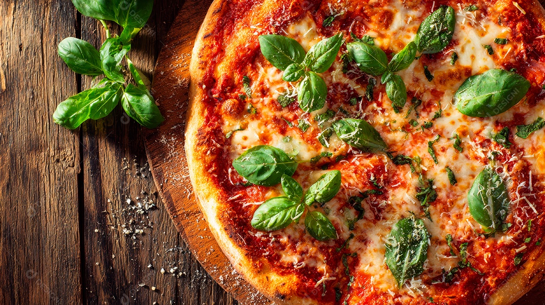 Pizza em uma mesa de madeira.