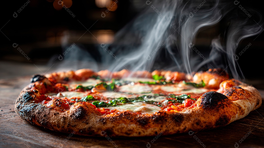 Saborosa pizza em uma mesa de madeira.