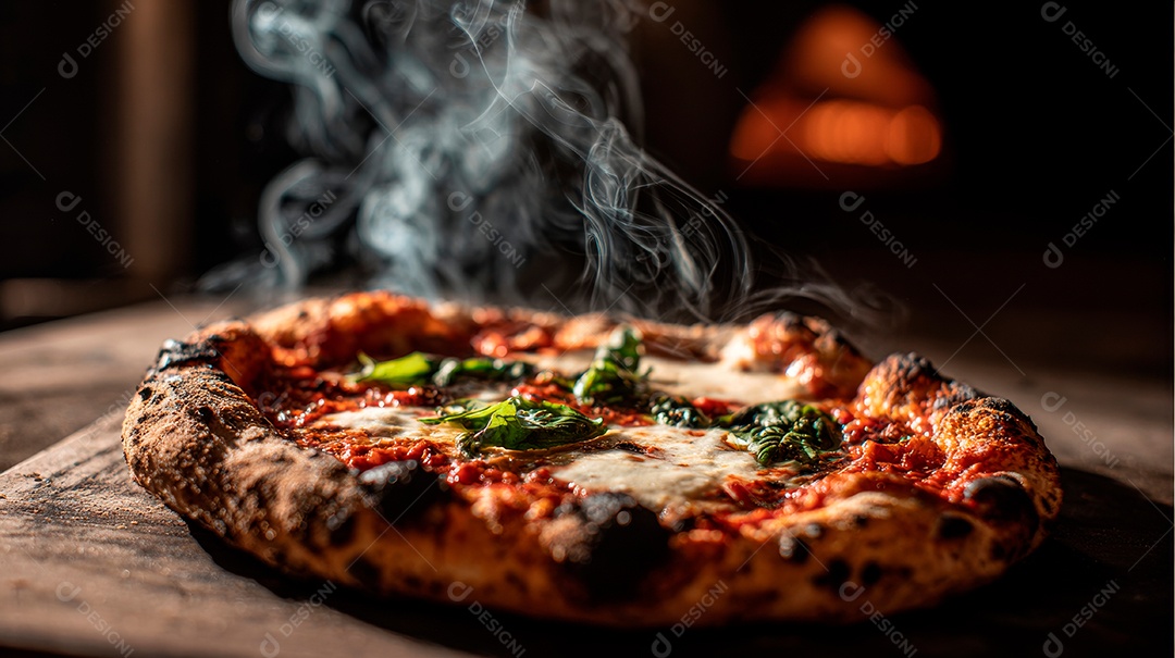 Saborosa pizza em uma mesa de madeira.