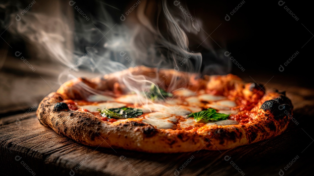 Saborosa pizza em uma mesa de madeira.