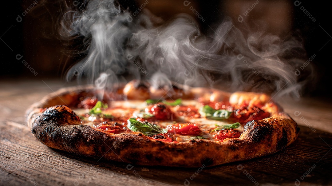 Saborosa pizza em uma mesa de madeira.
