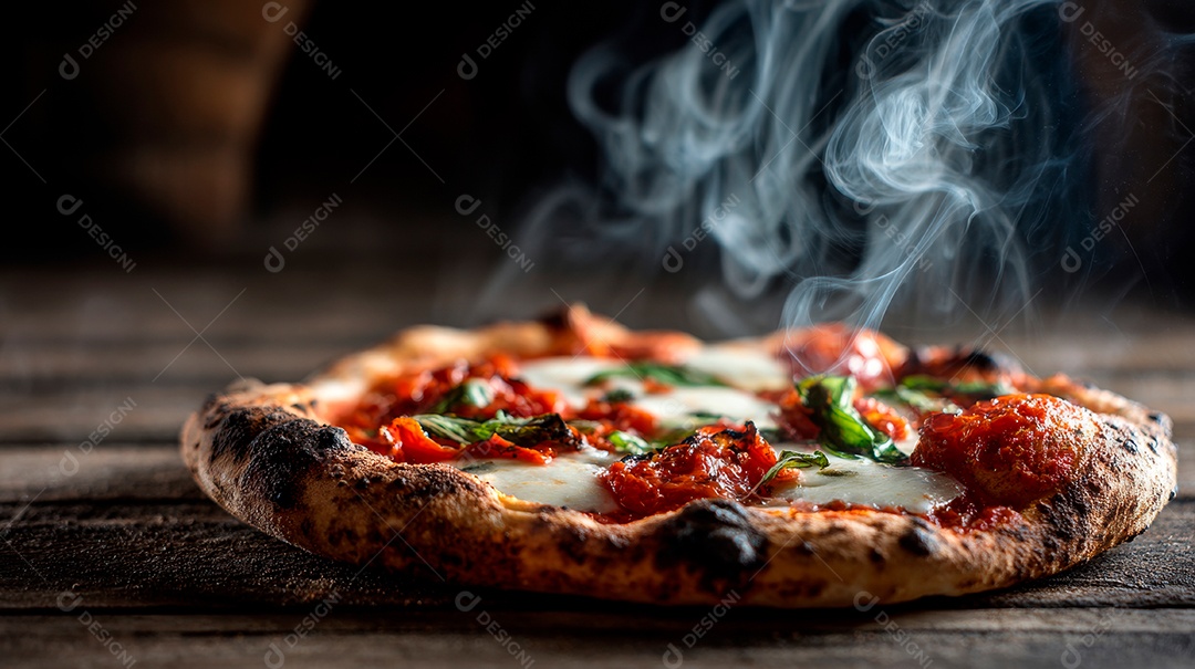 Saborosa pizza em uma mesa de madeira.