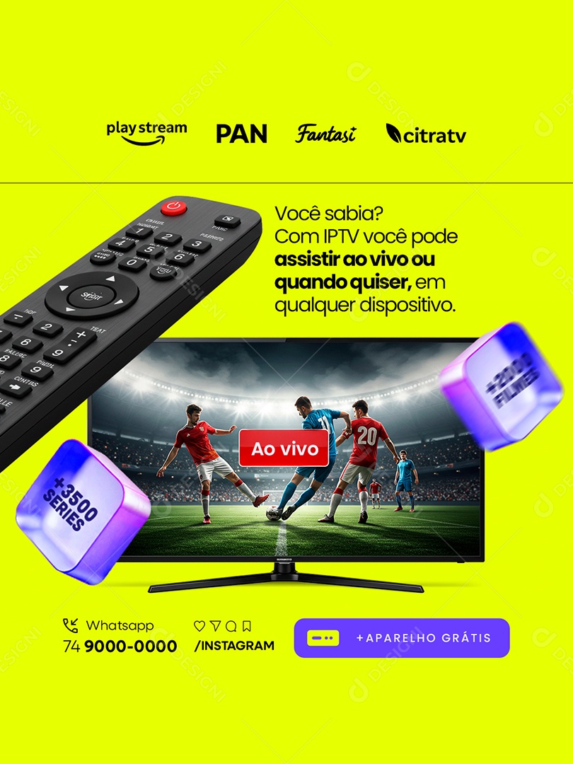 IPTV Você Pode Assistir Ao Vivo ou Quando Quiser Social Media PSD Editável
