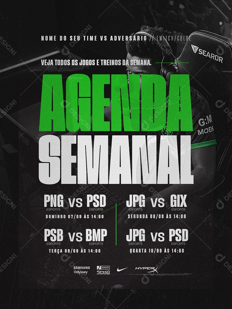 Esports Veja Todos os Jogos e Treinos da Semana Social Media PSD Editável