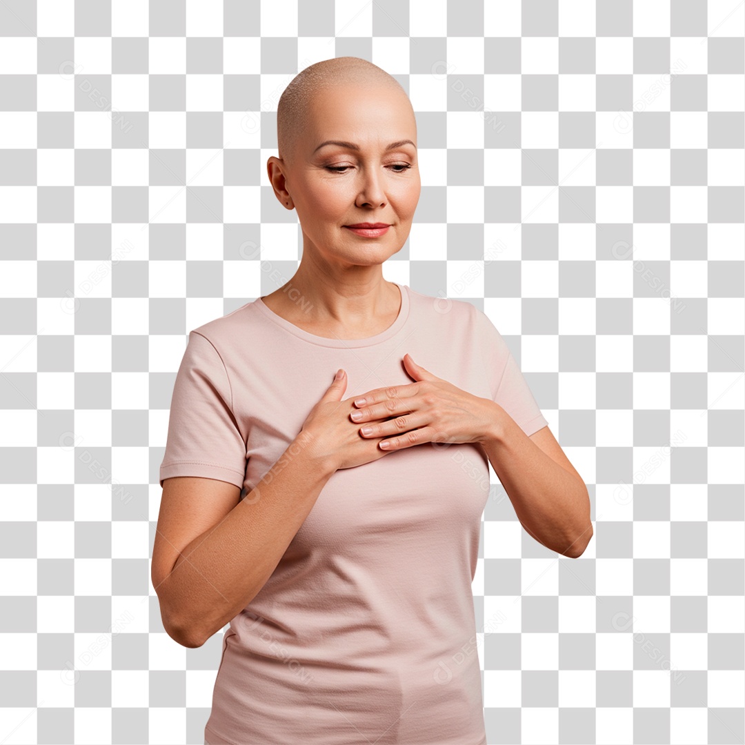Mulher com Mão no Peito Outubro Rosa PNG Transparente