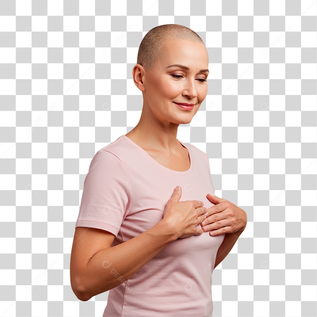 Mulher com Mão no Peito Outubro Rosa PNG Transparente