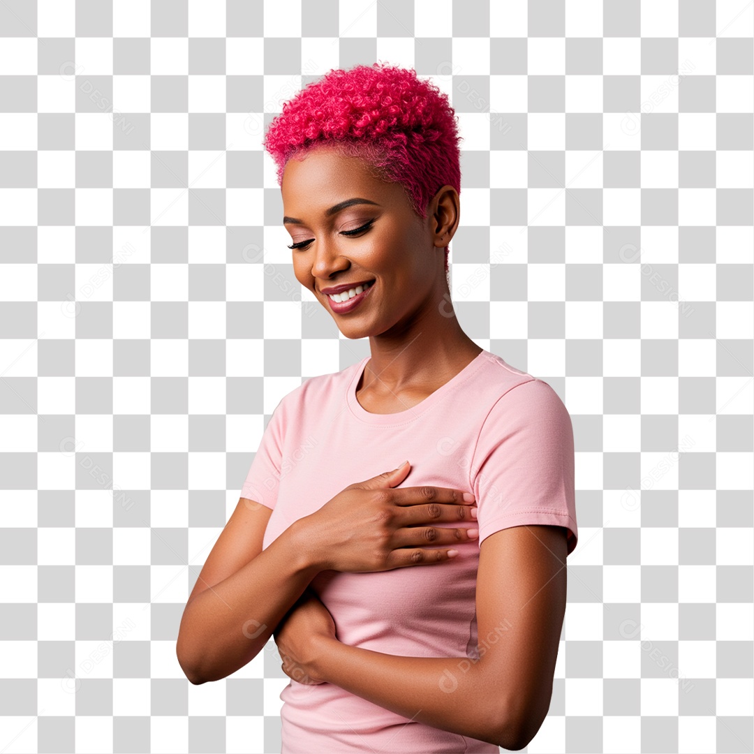 Mulher com Mão no Peito Outubro Rosa PNG Transparente