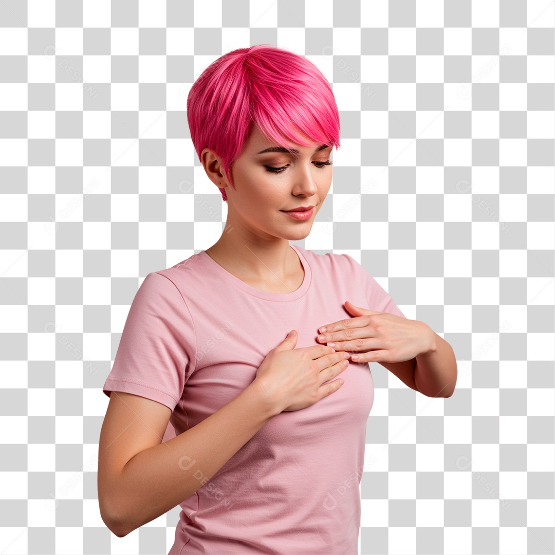 Mulher com Mão no Peito Outubro Rosa PNG Transparente