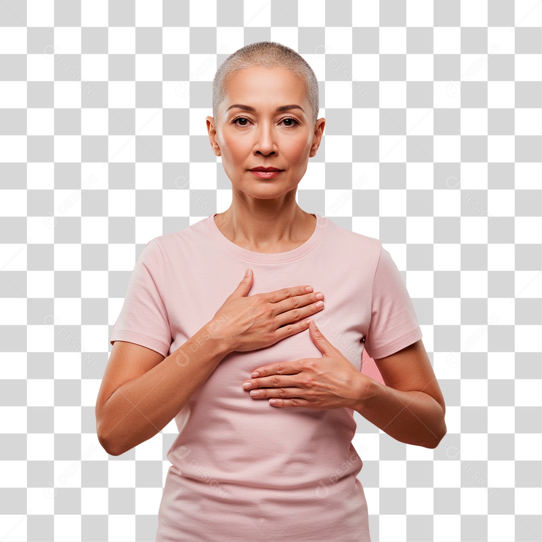 Mulher com Mão no Peito Outubro Rosa PNG Transparente