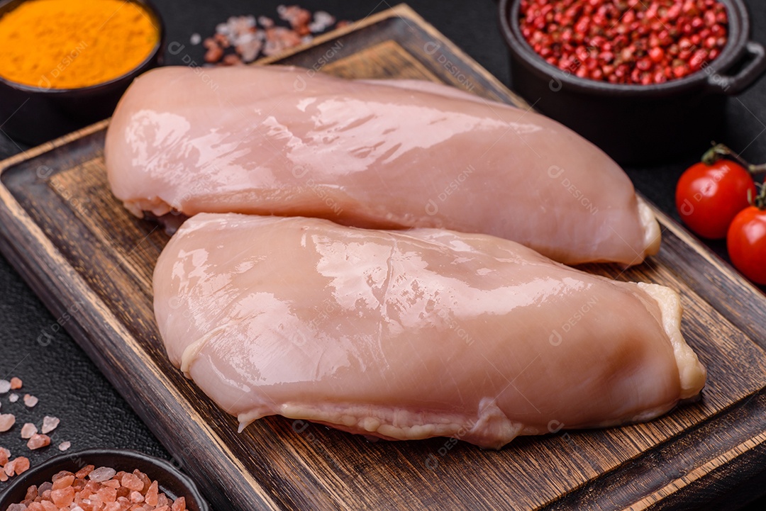 A imagem mostra sobrecoxas de frango desossadas e sem pele, prontas para preparo.