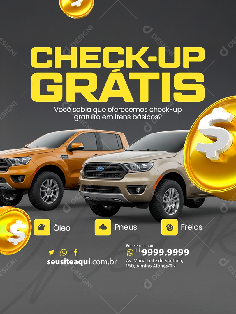 Oficina Check-Up Grátis Óleo Pneus e Freios Social Media PSD Editável