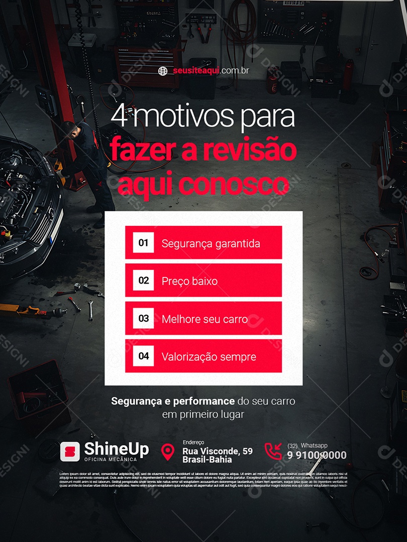 Oficina Mecânica Quatro Motivos para Fazer a Revisão Aqui Conosco Social Media PSD Editável