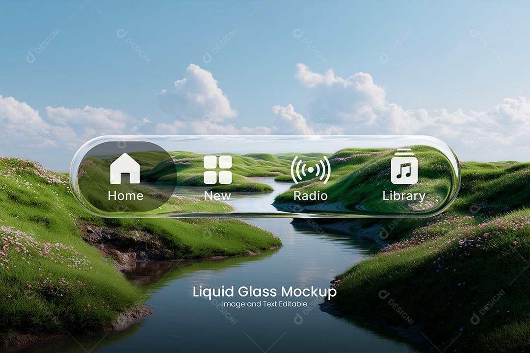 Efeito de Liquid Glass Vidro Líquido Conceito de Botões PSD Editável